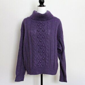 Purple Mohair Bobble Knit Sweater, Fuzzy Vintage Turtleneck for Women, Size L